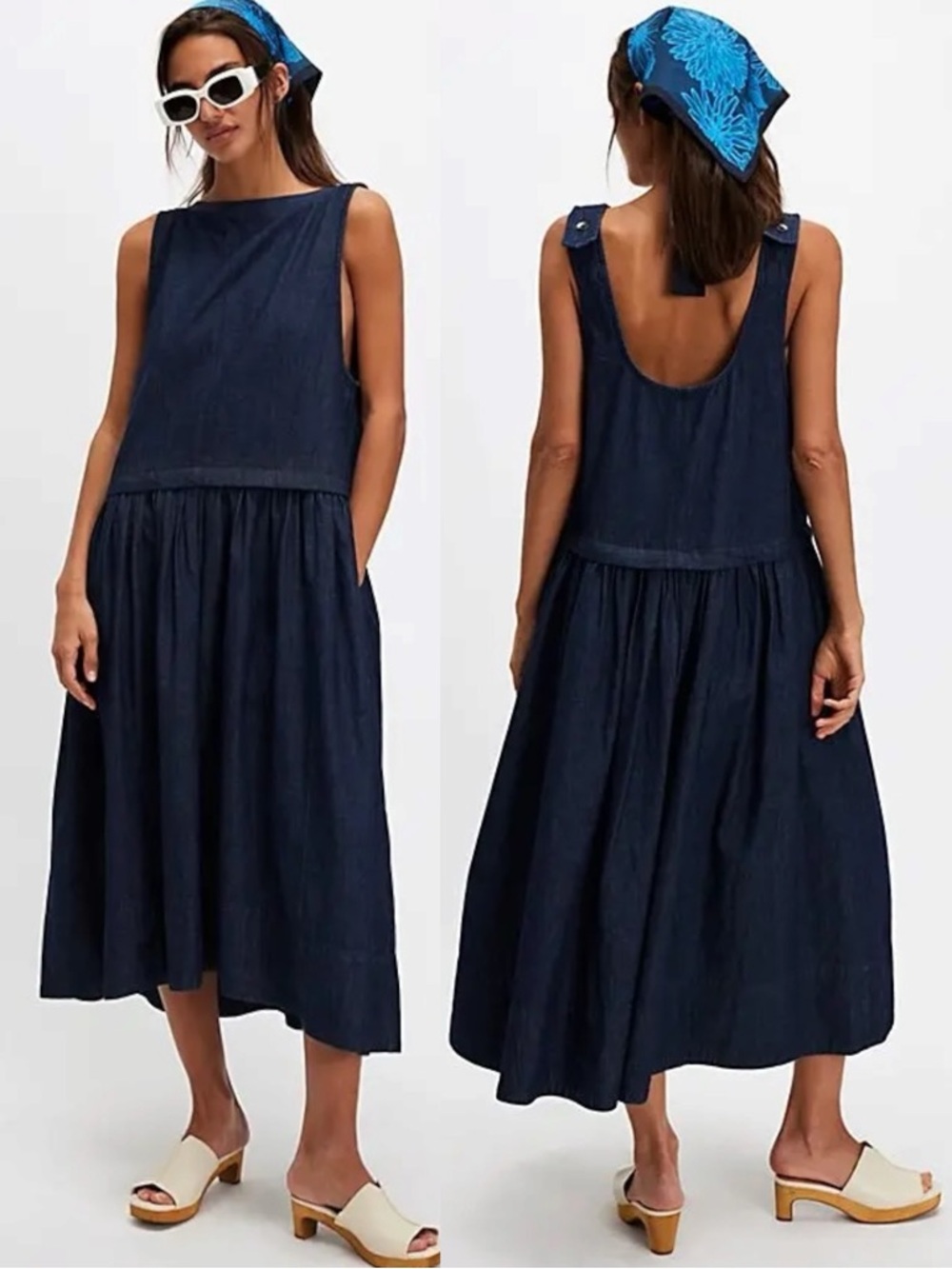 Free People Retro 90s Soraya Dark Denim Drop Waist Midi Jumper Dress Size Medium